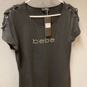 Black BEBE T-Shirt Dress with Rhinestone Logo and Laced Accents at Sleeves NWT